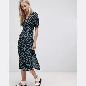 Whistles Button-down Midi Dress with Pockets, Floral Navy Green US 4 UK 8
